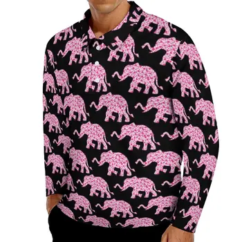 Elefante de Impressão Casual T-Shirts cor-de-Rosa Corações de Amor Polo Camisas dos Homens de Moda Camisa Primavera Design de Manga Longa Roupas Tamanho Grande