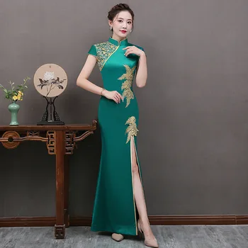 Chinês Tradicional Longo Cheongsam Clássico Apliques Fenda Lateral Magro Chinês Vestido Simples E Elegante Qipao Vestido De Vestidos De Banquete