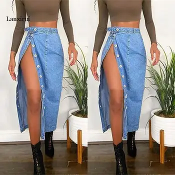 Moda Das Mulheres Sexy Botão Saia De Cintura Alta Do Lado De Divisão De Jeans, Saia Longa Verão, Outono Cor Pura Punk Saia