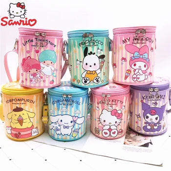 Kawaii Sanrio Hello Kitty Kuromi Minha Melodia Cartoon Pu Couro Impermeável Ombro Saco Crossbody Cilindro Saco Saco De Balde