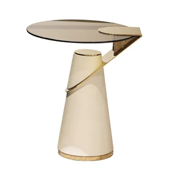 Mesa de café da luz de luxo, sala de couro italiano tabela do lado criativo de vidro temperado pequena mesa redonda