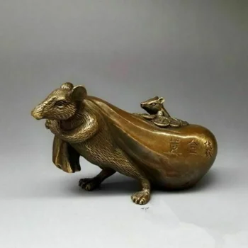 Chinês Latão Cobre Mão Esculpida De Ouro Saco Mouse Fortuna Estátua