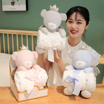 Nova conforto coroa do urso do bebê coaxial sono travesseiro de pelúcia brinquedo da boneca do bebê de cobertura cobertor infantil dom Успокойте коронного медведя