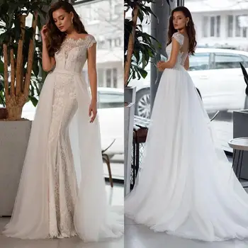 Overskirt Vestidos de Noiva 2020 Appliqued Lace Bateau Pescoço Sereia Vestidos de Noiva com Trem Destacável Lindos Vestidos De Noiva