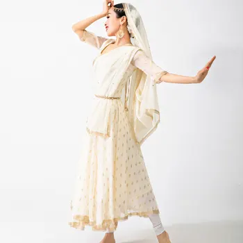Fêmea nova Dança do Ventre Elegante Vestido Bege Tradicional da Índia Roupas de Estilo Bollywood Dance Desempenho Figurinos DQL3808