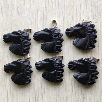 Moda, natural, preto ônix esculpida cavalo cabeças encantos pingentes para fazer jóias 6pcs/lote de atacado frete Grátis
