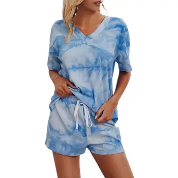 Mulheres Pijama Conjunto de 2 peças Loungewear Pijamas Tie-dye V-pescoço Pijama Mulheres Terno Shorts Casual manga Curta Pijama Conjunto