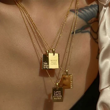 INS Tendência de Moda, Uma Peça de Aço Inoxidável da Colar Para Mulheres Retangular Texto Gravado Pingente Banhado a Ouro Jóias