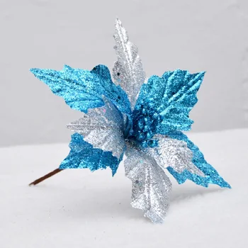 1pcs Glitter Flores Artificiais Decoração Azul Vermelho Para o Natal DIY Casa de Casamento Decoração de Natal Falso Flor na Cabeça Presente de Ano Novo