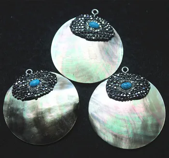 2pc preto shell lábio pingentes com strass azul turquesa para as mulheres pingentes de tomada de acessórios do tamanho 40mm forma redonda nova desi
