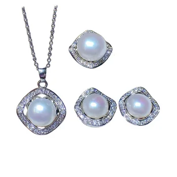 clássico conjunto de jóias de noiva, CZ pérola de água doce das mulheres de charme pingente de colar brinco anel de conjuntos de jóias