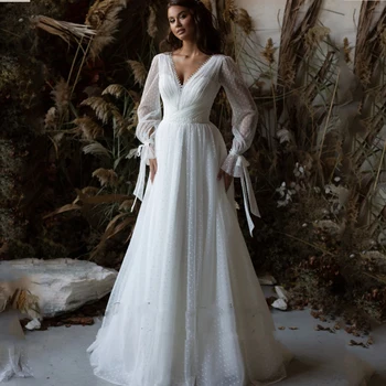 Vestidos De Noiva Boho 2023 V-Pescoço Com Mangas Longas Moderna De Bolinhas De Tule Robe De Mariee Boêmio Sem Encosto Branco Vestidos De Noiva Personalizados