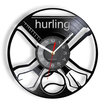 O Hurling Decorativo Relógio de Parede de Vinil Art de Parede Decoração Irlanda Jogos de Bola de Hóquei de Iluminação LED de Parede Relógio Vintage Presente Para Atletas