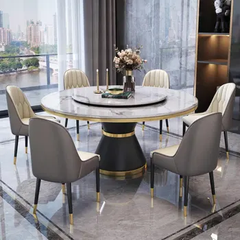 Em mármore de luxo mesa de jantar e cadeira combinação moderna simples mesa-redonda do rock conselho apartamento pequeno, com mesa giratória de restaurante