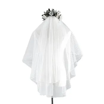 Branco Duas Camadas de Tule Curto de Véu de Noiva, com Pente de Fita de Borda de Noiva, Véu de Noiva e Acessórios para o Cabelo