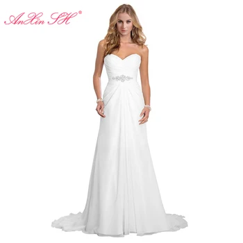 AnXin SH princesa de casamento branco de chiffon vestido vintage strapless beading cristal de uma linha laço de noiva vestido de casamento de trem