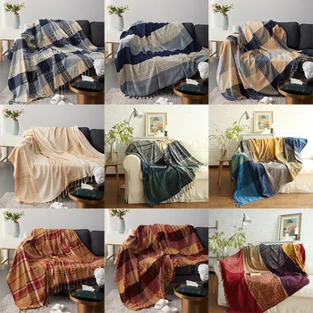 Sofá Jogar Cobertor de Algodão de Malha Cobertor com Borla de Geometria Boêmio Capa de Sofá Cama, Cobertor de Decoração de Casa de 2 Tamanho