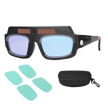 Solar Powered Auto Escurecimento Máscara de Solda Capacete, Óculos de proteção Óculos de Soldador de Arco Anti-Choque Lente com caixa de Armazenamento