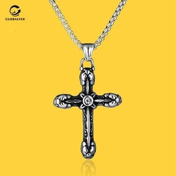 Europeia e Americana de religiosos estilo punk de cristal cruz colar de Homens hip-hop de titânio pingente de aço Homens de presente de aniversário de 459