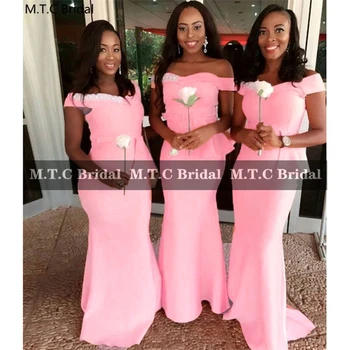 Longo Cor-De-Rosa Africana Vestidos De Dama De Honra De Corpete Fora Do Ombro Sereia Festa De Casamento, Vestidos Para Melhor As Mulheres Plus Size
