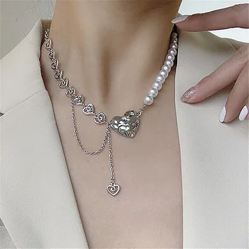 Kpop Estilo Cor de Prata Coração Cadeias Gargantilha Collares Imitação de Pérola, Colares de Contas para as Mulheres coreano Moda Jóias MS385