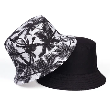 Moda de verão de algodão, chapéu de balde de coco árvore de impressão pescador chapéu de hip hop do curso ao ar livre Panamá chapéu de palha do chapéu de sol homens mulheres