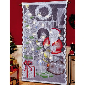 Papai Noel Imprimir a Árvore de Natal Cortinas de Renda com as Luzes do Boneco de neve da Porta de Cortinas de Natal, Decoração de Sala de estar Cortina Painel