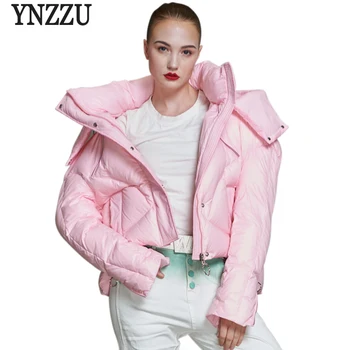 YNZZU Marca Casaco de Inverno Mulheres Casual cor-de-Rosa com Capuz Quente Pato para Baixo do Casaco de Moda das Mulheres de Espessura Solta Parka Down Coats O569