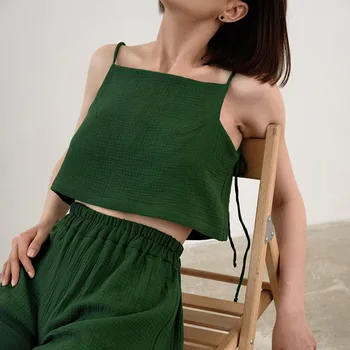 Verão do Algodão de 100% das Mulheres de Suspender Pijama Conjunto Itália Sexy sem encosto Pijama Verde Fino da Mulher de Loungewear Casa Desgaste Nova