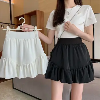 Saia para as Mulheres de Cintura Alta Casual de Uma Linha Sólida Branco Plissado Preto 2021 Primavera Verão coreano de Moda de Nova Mini Saias