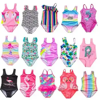 2-14 Anos as Meninas de Maiô 2021 Novo Uma Peça de moda praia Flamingo Plissado Estilo de Crianças Swimwear Unicórnio Um Maiô de Peça