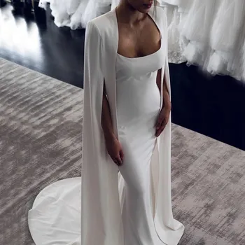 Sexy Elastano Sereia Vestido de Noiva para Noiva com Cabo sem encosto de Casamento Vestidos de Noiva Pescoço de Colher Robe De Soirée De Mariage