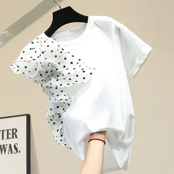 Algodão De Bolinhas Em Patchwork Mulheres T-Shirts De Verão, Novo Design 2022 Malha Sólida Casual Slim Feminino Puxa Tops Tees