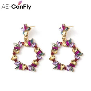 AE-CANFLY Simples de Moda Rodada Strass Dangle Brincos Femininos na Moda Brincos de Cristal Para as Mulheres de Jóias