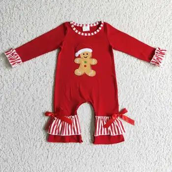 LR0196 crianças vermelha de algodão de manga longa de romper com gingerbread bordados de natal menina macacão
