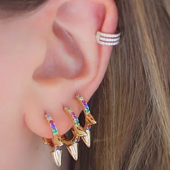 2022 moda mínimo mulheres jóias arco-íris colorido de zirconia cúbico 3 picos de mini, pequeno brinco da aro