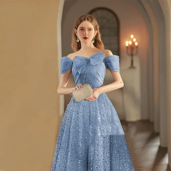Princesa Azul Vestidos De Noite Beading Strapless Arco, A Linha De Fora De Ombro Lantejoulas Brilhantes Tulle Prom Vestido Formal Robe De Sarau Novo