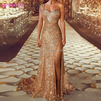 YNQNFS P50 Sexy Alta Perna de Um Ombro Cristal Sequin Vestido de Ouro, Vestidos de Baile Longos 2019