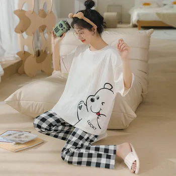 2pcs Pijama Conjunto para as Mulheres de Algodão Impresso manga Curta Laple Botão Tops, Calças Soltas Casa Roupas de Dormir Mulher Pjs