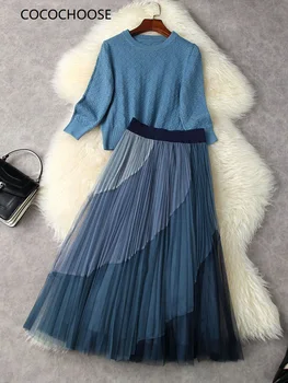 Primavera 2022 Moda as Mulheres Conjunto de Vestido de Malha de Topo e de Gradação de Cor Plissado Saia de Malha Ternos Elegantes Casual, 2 peças de Roupas Azul