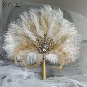 PEORCHID Lindo Pavão de Noiva Mão Fã de Plumas de Avestruz Dourado Crystal Brooch Bouquet Grande Gatsby 1902s Buquê de Casamento Fã