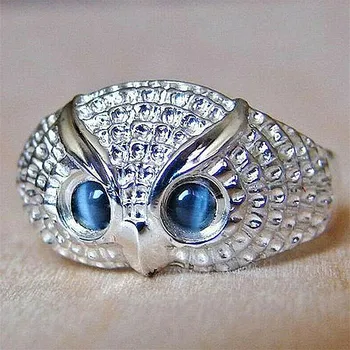 Moda Coruja design de pedras azuis olhos de Cristal Anéis para Homens Mulheres branca de ouro, cor de prata Jóias Bague Bijoux Acessórios de festa