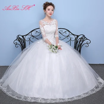 AnXin SH princesa flor lace vestido de noiva de festa vintage o pescoço meia manga ilusão bola vestido brilhante vestido de casamento branco
