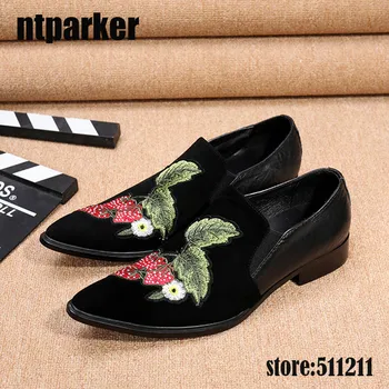 ntparker - Moda de Camurça preto Calçados masculinos de Couro Sapatos de Vestido Deslizar sobre Flores Bordado Sapatos de Homens, de Tamanho Grande EU38-46!