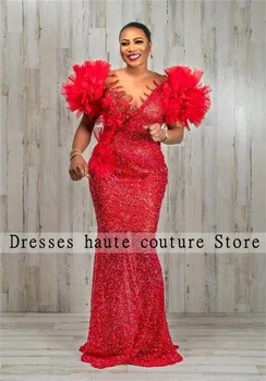 Aso Ebi Vermelho De Lantejoulas Sereia Vestidos De Noite Plus Size 2022 Para As Mulheres Apliques Festa Formal Vestido De Vestes De Soirée