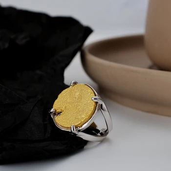 Silvology 925 Prata Esterlina de Duas cores Oval Textura Anéis para as Mulheres Simples Original Grosso Coreia Grande Anéis de Declaração de Jóias