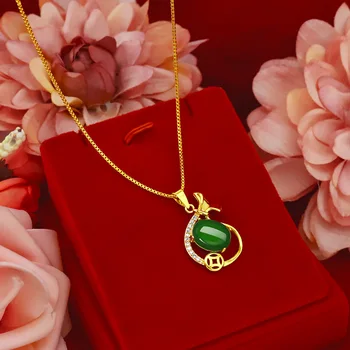 O coreano Moda 14k Colar de Ouro para as Mulheres Verde pedra preciosa Pedra Bolsa Colares com Pingente de Jade Amarelo Clavícula Colar da Jóia