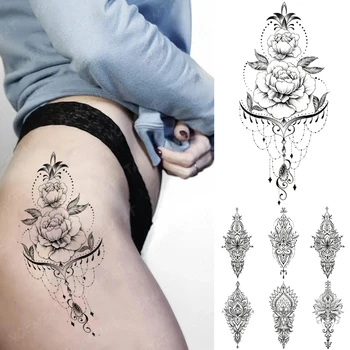 Temporário Impermeável Etiqueta Da Tatuagem Peônia Rosa Flores Da Folha De Lotus Flash Tatto Linha Lace Henna Mandala Mão Fake Tattoos Da Arte Do Corpo