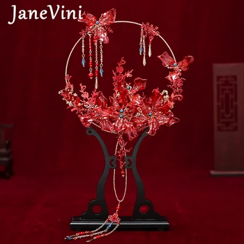 JaneVini de Luxo Chinês Vermelho de Noiva Fã Buquê Clássico feitos à mão Flores em 3D Frisado Ocos de Metal Redondo Fã de Acessórios do Casamento