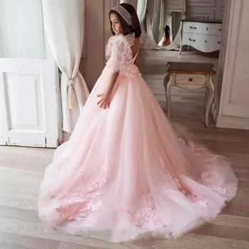 Elegante Princesa Cor-De-Rosa Flor Menina Vestido De Decote Em V Uma Linha De Estilo Garoto Concurso Vestido De Meninas Concurso De Vestidos De Festa